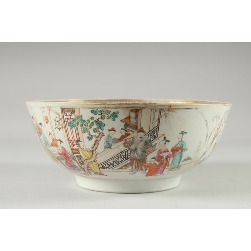 134 - A CHINESE EXPORT FAMILLE ROSE PORCELAIN BOWL, the exterior painted with panels depicting scenes with... 