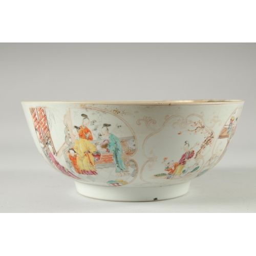 134 - A CHINESE EXPORT FAMILLE ROSE PORCELAIN BOWL, the exterior painted with panels depicting scenes with... 