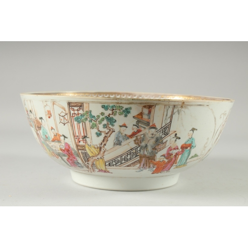 134 - A CHINESE EXPORT FAMILLE ROSE PORCELAIN BOWL, the exterior painted with panels depicting scenes with... 