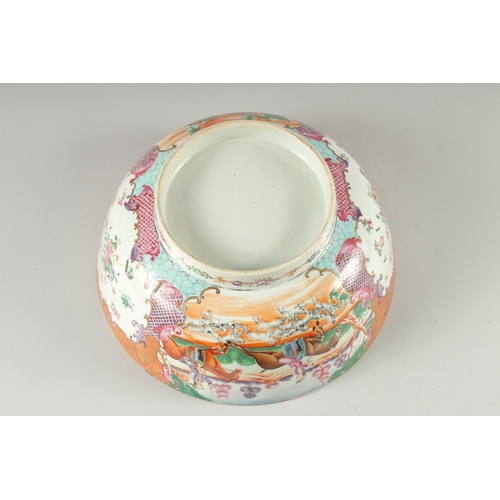 135 - A CHINESE EXPORT FAMILLE ROSE MANDARIN PATTERN PORCELAIN PUNCH BOWL, the exterior painted with two p... 