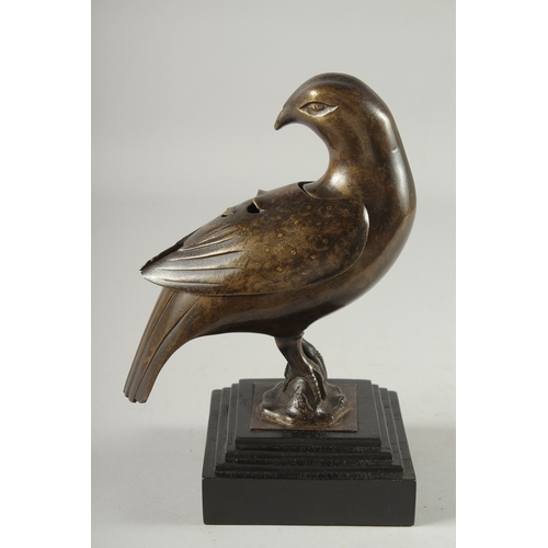 145 - A FINE CHINESE BRONZE BIRD-FORM CENSER, with finely engraved and gilt-spotted feathers to the cover;... 