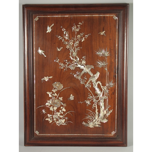 152 - A LARGE CHINESE MOTHER OF PEARL INLAID HARDWOOD PANEL, beautifully inlaid to depict birds and butter... 