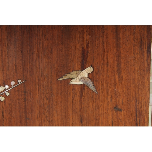 152 - A LARGE CHINESE MOTHER OF PEARL INLAID HARDWOOD PANEL, beautifully inlaid to depict birds and butter... 