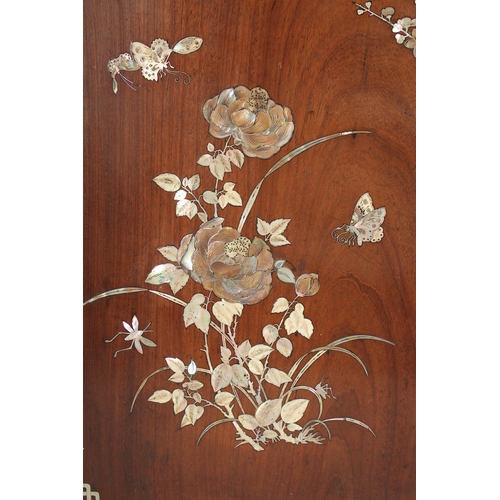 152 - A LARGE CHINESE MOTHER OF PEARL INLAID HARDWOOD PANEL, beautifully inlaid to depict birds and butter... 