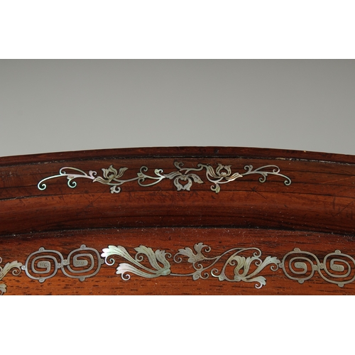 153 - A VERY FINE CHINESE MOTHER OF PEARL INLAID HARDWOOD OVAL TRAY, beautifully decorated with central pa... 