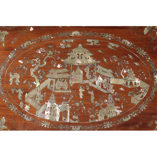 153 - A VERY FINE CHINESE MOTHER OF PEARL INLAID HARDWOOD OVAL TRAY, beautifully decorated with central pa... 