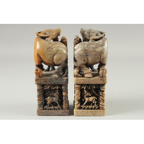 155 - A LARGE PAIR OF CHINESE CARVED BUFFALO SOAPSTONE SEALS, 20cm high.