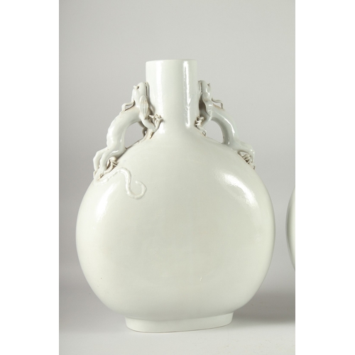 157 - A VERY LARGE PAIR BLANC-DE-CHINE TYPE MOON FLASK VASES, with moulded dragon handles, 47.5cm high.