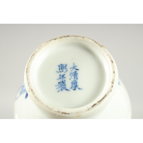 174 - A FINE PAIR OF CHINESE BLUE AND WHITE PORCELAIN BOTTLE VASES, one painted with a warrior riding a be... 