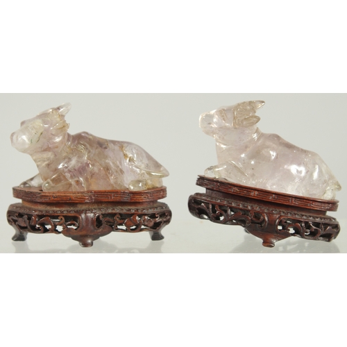 179 - TWO CHINESE CARVED ROCK CRYSTAL BULLS, on fitted wooden stands, each figure approx. 7.5cm long.