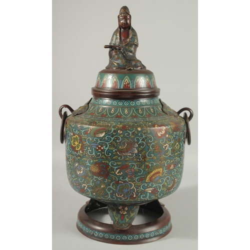 182 - A LARGE CHINESE CLOISONNE ENAMELLED BRONZE JAR AND COVER, with figure of Guanyin to the cover, the j... 