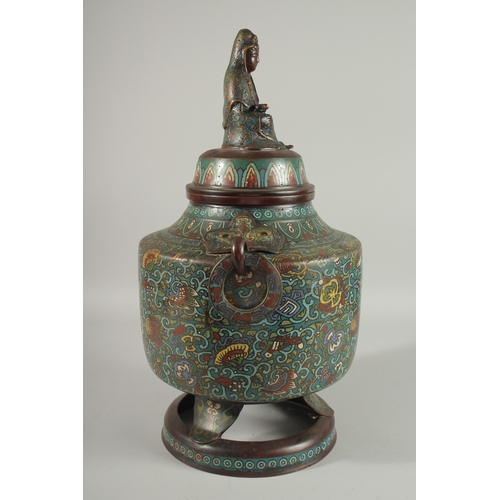 182 - A LARGE CHINESE CLOISONNE ENAMELLED BRONZE JAR AND COVER, with figure of Guanyin to the cover, the j... 