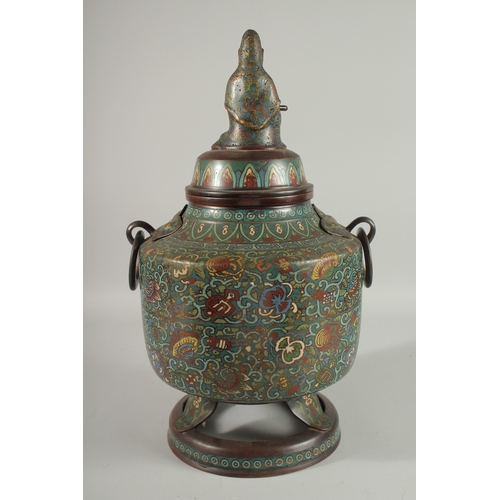 182 - A LARGE CHINESE CLOISONNE ENAMELLED BRONZE JAR AND COVER, with figure of Guanyin to the cover, the j... 