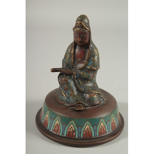 182 - A LARGE CHINESE CLOISONNE ENAMELLED BRONZE JAR AND COVER, with figure of Guanyin to the cover, the j... 