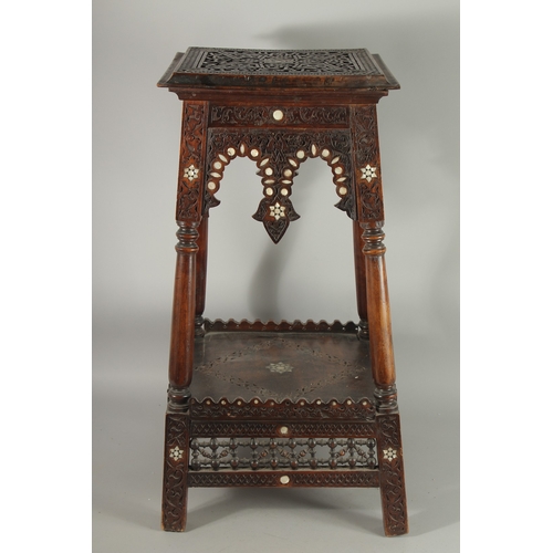 188 - A 19TH CENTURY SYRIA DAMASCUS MOTHER OF PEARL INLAID OCCASIONAL TABLE, 72cm high.