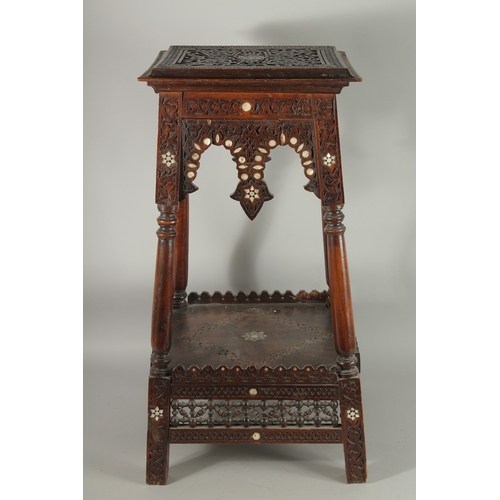 188 - A 19TH CENTURY SYRIA DAMASCUS MOTHER OF PEARL INLAID OCCASIONAL TABLE, 72cm high.