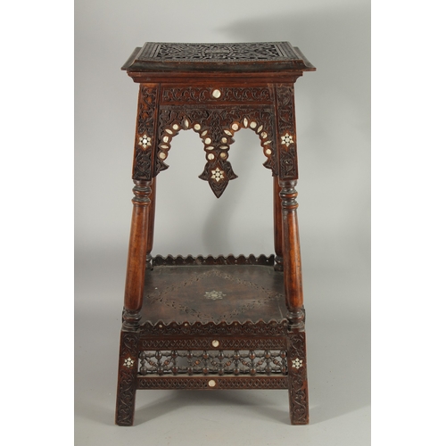 188 - A 19TH CENTURY SYRIA DAMASCUS MOTHER OF PEARL INLAID OCCASIONAL TABLE, 72cm high.