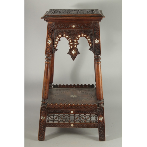 188 - A 19TH CENTURY SYRIA DAMASCUS MOTHER OF PEARL INLAID OCCASIONAL TABLE, 72cm high.