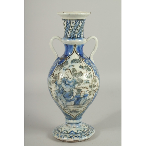 192 - A 19TH CENTURY PERSIAN QAJAR GLAZED POTTERY VASE, with twin handles and painted with a panelto each ... 