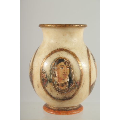 194 - A PAINTED PORTRAIT ALABASTER VASE, 13cm high.