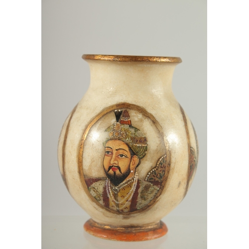 194 - A PAINTED PORTRAIT ALABASTER VASE, 13cm high.