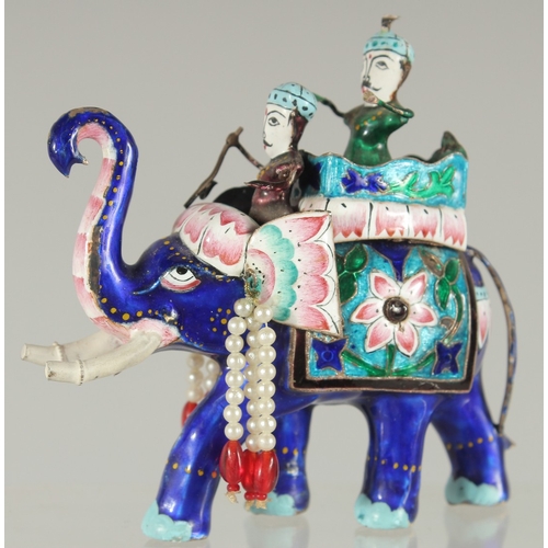 197 - AN EARLY 20TH CENTURY INDIAN BENARES ENAMELLED SILVER ELEPHANT, 10cm long.