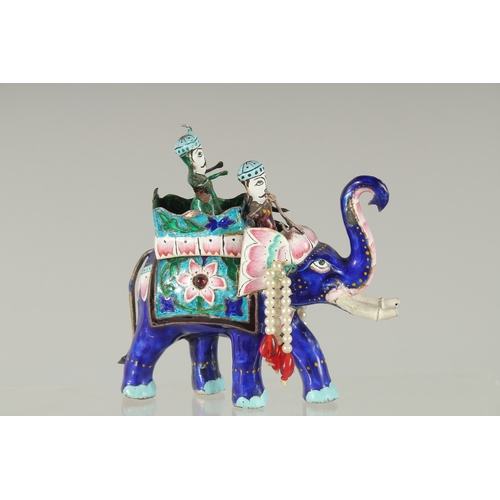 197 - AN EARLY 20TH CENTURY INDIAN BENARES ENAMELLED SILVER ELEPHANT, 10cm long.