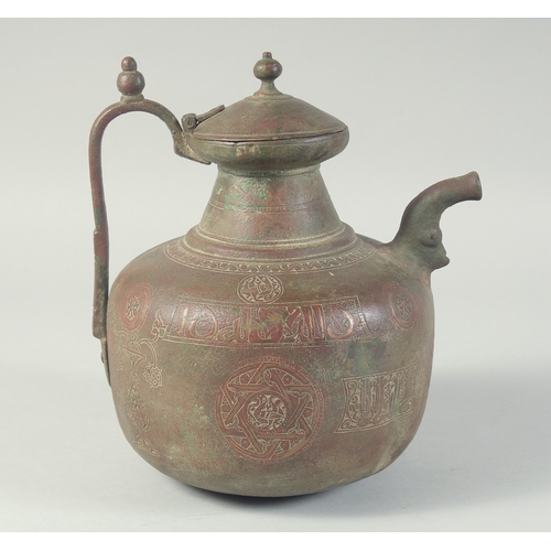 199 - A VERY FINE 12TH-13TH CENTURY PERSIAN SELJUK COPPER INLAID BRONZE EWER, with engraved calligraphy an... 