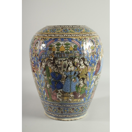 200 - A FINE AND LARGE PERSIAN QAJAR POLYCHROME GLAZED POTTERY VASE, painted with panels depicting scenes ... 