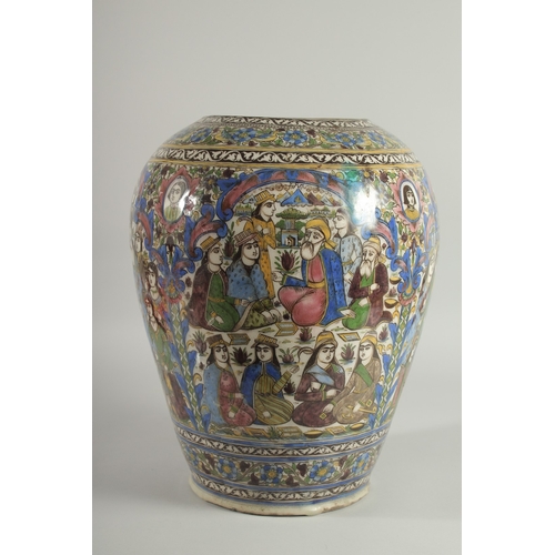 200 - A FINE AND LARGE PERSIAN QAJAR POLYCHROME GLAZED POTTERY VASE, painted with panels depicting scenes ... 