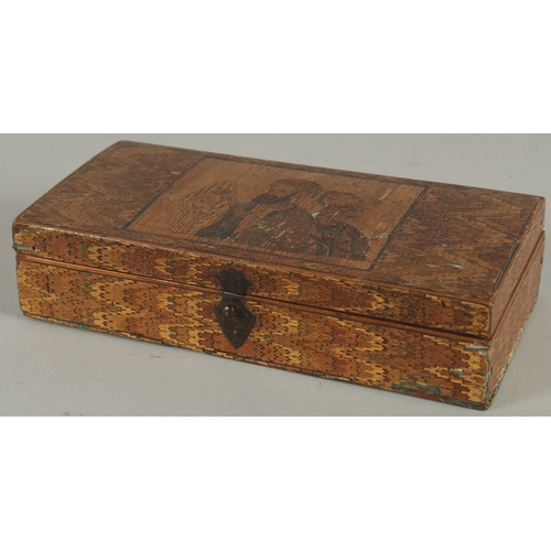 206 - A VERY FINE 19TH CENTURY OTTOMAN NORTH AFRICAN STRAW WORKED WOODEN BOX, 19cm x 9cm.