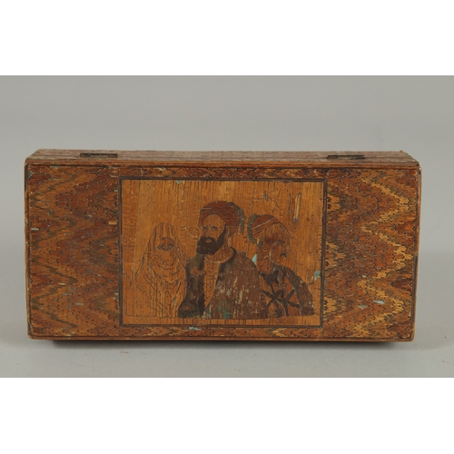 206 - A VERY FINE 19TH CENTURY OTTOMAN NORTH AFRICAN STRAW WORKED WOODEN BOX, 19cm x 9cm.