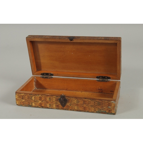 206 - A VERY FINE 19TH CENTURY OTTOMAN NORTH AFRICAN STRAW WORKED WOODEN BOX, 19cm x 9cm.