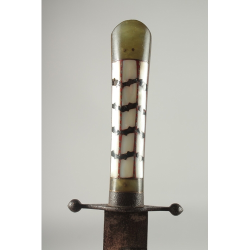 209 - A FINE 19TH CENTURY INDIAN JADE AND MOTHER OF PEARL HILTED EUROPEAN STYLE HUNTING KNIFE, with leathe... 