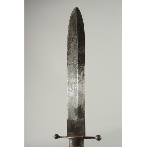 209 - A FINE 19TH CENTURY INDIAN JADE AND MOTHER OF PEARL HILTED EUROPEAN STYLE HUNTING KNIFE, with leathe... 