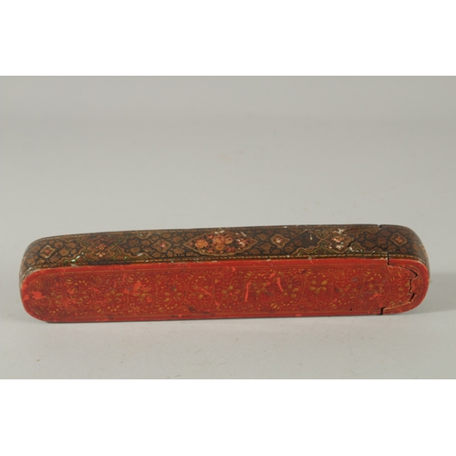 210 - A FINE MID-19TH CENTURY INDO PERSIAN KASHMIRI LACQUERED PAPIER-MACHE QALAMDAN PEN BOX, 25cm long.