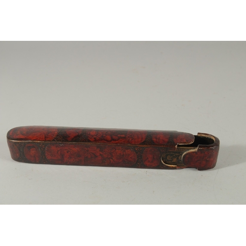 211 - A FINE 19TH CENTURY PERSIAN QAJAR LACQUERED PAPIER-MACHE QALAMDAN PEN BOX, 22.5cm long.