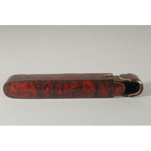 211 - A FINE 19TH CENTURY PERSIAN QAJAR LACQUERED PAPIER-MACHE QALAMDAN PEN BOX, 22.5cm long.