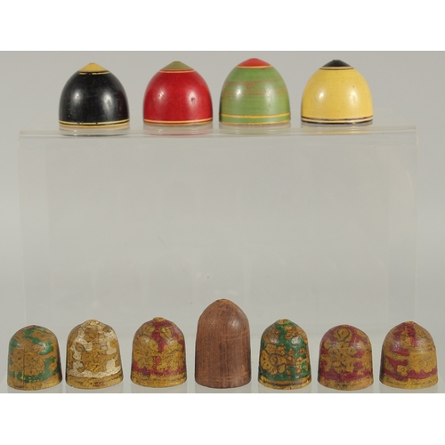 220 - A COLLECTION OF ELEVEN 18TH-19TH CENTURY PAINTED AND LACQUERED GAMING PIECES, (11).