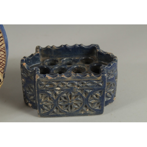 221 - A MOROCCAN TWIN HANDLED VASE AND ANOTHER BLUE GLAZE INKWELL, (2).