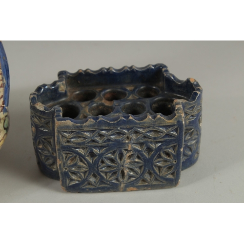 221 - A MOROCCAN TWIN HANDLED VASE AND ANOTHER BLUE GLAZE INKWELL, (2).