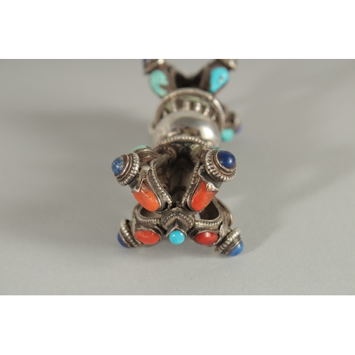 231 - A RARE 19TH-20TH CENTURY TIBETAN MONGOLIAN TURQUOISE, LAPIS AND CORAL INSET SILVER VAJRA ORNAMENT, 1... 