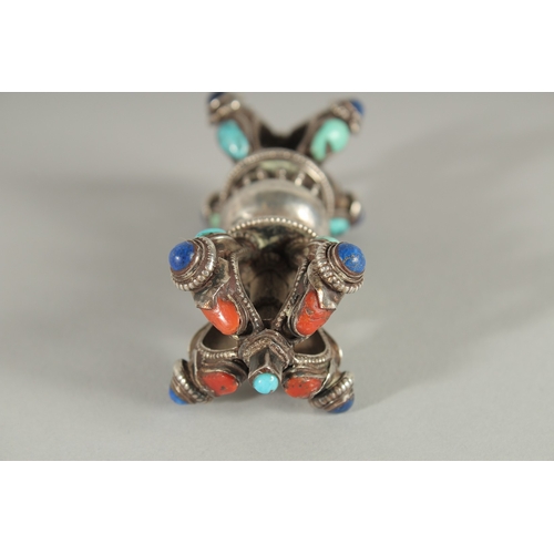 231 - A RARE 19TH-20TH CENTURY TIBETAN MONGOLIAN TURQUOISE, LAPIS AND CORAL INSET SILVER VAJRA ORNAMENT, 1... 