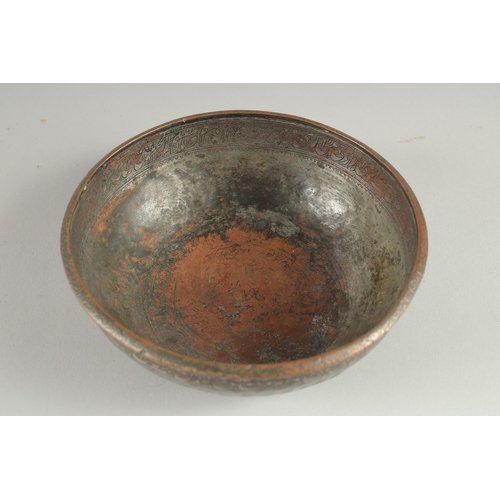 235 - A 17TH CENTURY SAFAVID IRAN TINNED COPPER BOWL, with bands of engraved calligraphic inscription, 16.... 