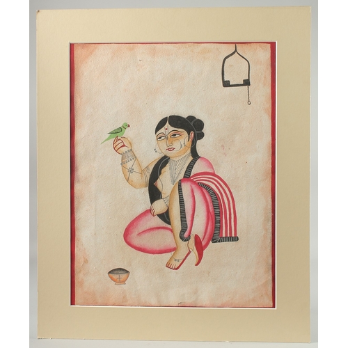 238 - KALIGHAT SCHOOL BENGAL PAINTING ON PAPER OF A LADY WITH BIRD, with mount and mount board surround; u... 