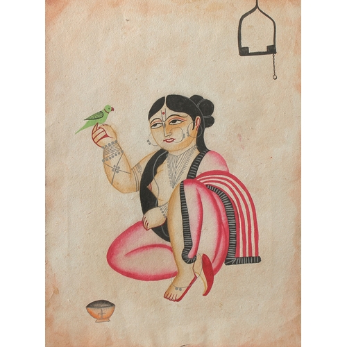 238 - KALIGHAT SCHOOL BENGAL PAINTING ON PAPER OF A LADY WITH BIRD, with mount and mount board surround; u... 