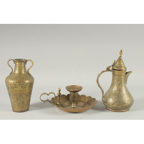 239 - THREE 19TH CENTURY IRANIAN ENGRAVED BRASS PIECES; comprising a twin handle vase / vessel with callig... 