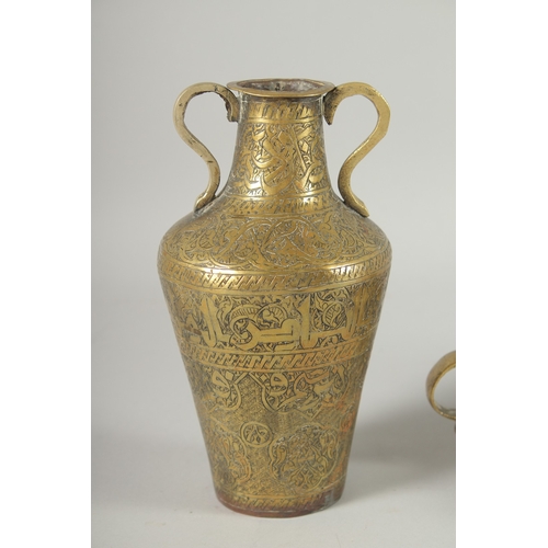 239 - THREE 19TH CENTURY IRANIAN ENGRAVED BRASS PIECES; comprising a twin handle vase / vessel with callig... 