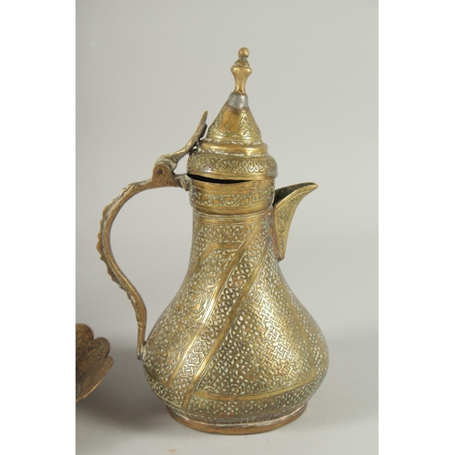 239 - THREE 19TH CENTURY IRANIAN ENGRAVED BRASS PIECES; comprising a twin handle vase / vessel with callig... 