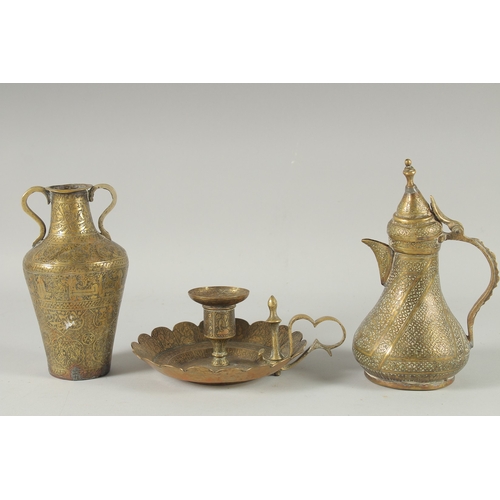 239 - THREE 19TH CENTURY IRANIAN ENGRAVED BRASS PIECES; comprising a twin handle vase / vessel with callig... 